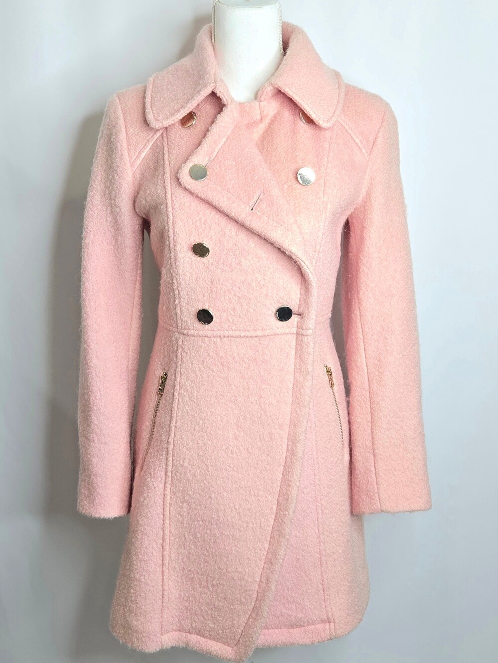 Guess Blush Pink Wool Blend Tailored Double-Breasted Peacoat Button Coat XS